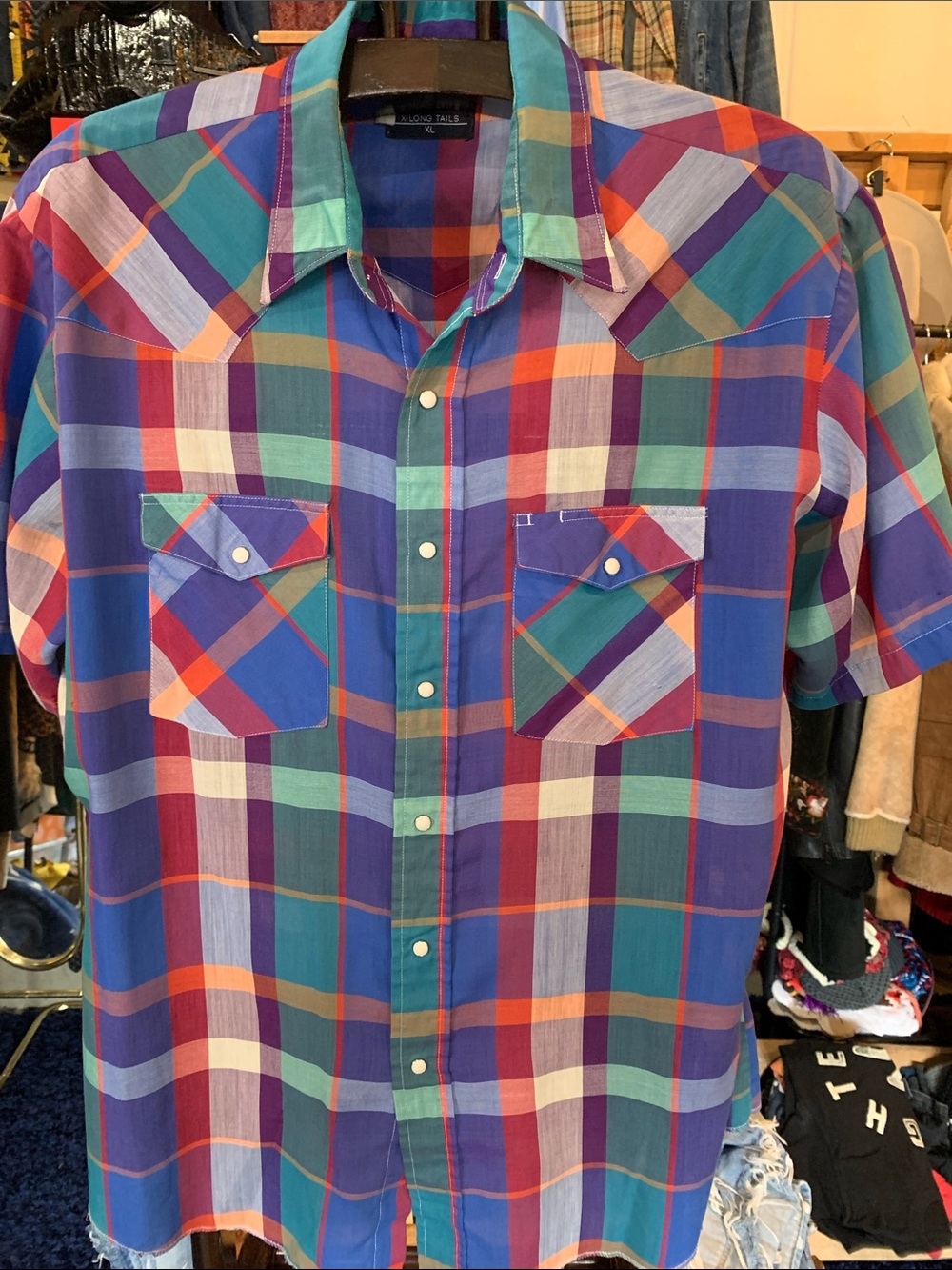 Wrangler Men's Short-Sleeve Plaid Button-Down Pearlsnap- Blue, Purple, Teal
